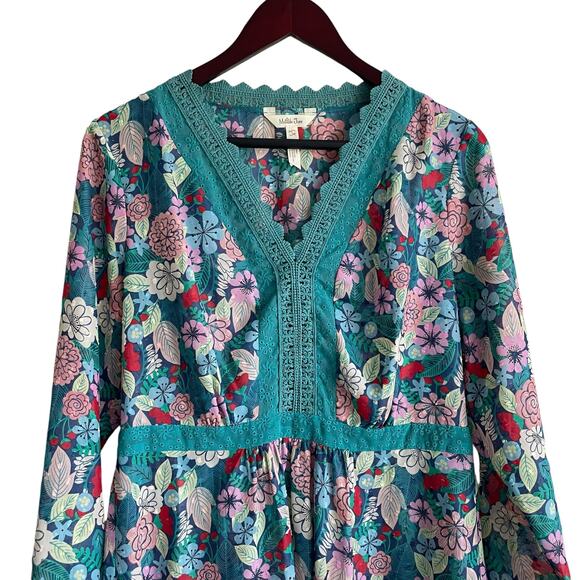 Matilda Jane Women Catalina Floral Babydoll‎ Top L Teal Cottagecore Y2K Boho - Picture 6 of 14